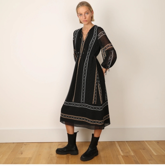 Whistles Dresses & Skirts - WHISTLES LONDON Black Boho Peasant Midi Dress Flowy Patterned Floral US 2
